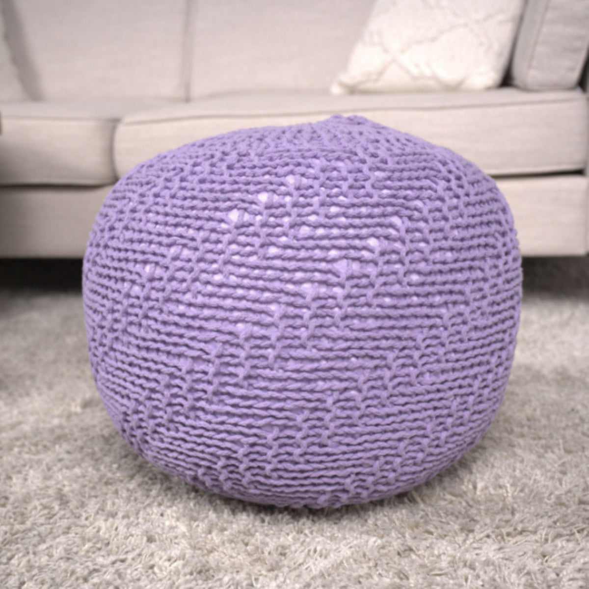 Knitted Round Pouf Ottoman with Polystyrene Bead Filling - Purple or Yellow