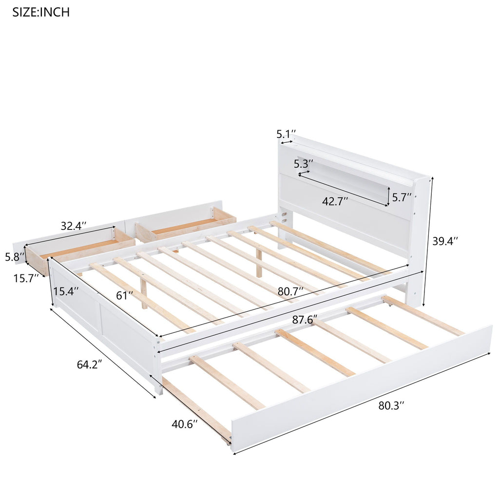 Storage Platform Bed with LED Lights, 2 Drawers and Trundle - Queen