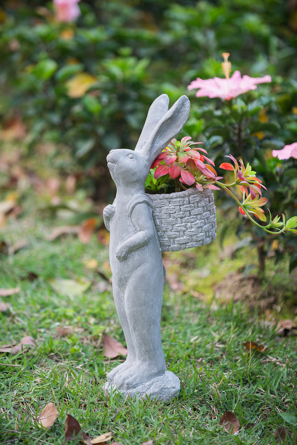 Tall Cement Rabbit Planter with Basket - Organic Gray
