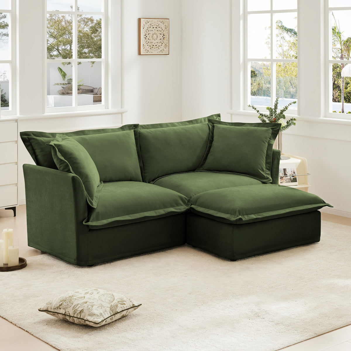 Slipcovered Sectional 2 Seater Sofa with Convertible Ottoman