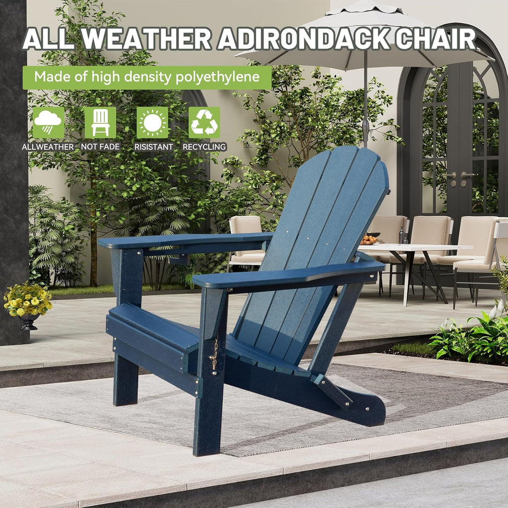 Foldable HDPE Adirondack Chair with Built-In Cup Holder - Dark Blue