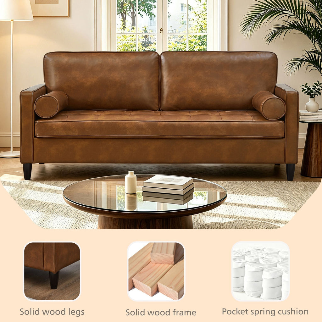 Classic Design Leather Couch with Tufted Seat Cushion - Faux Leather
