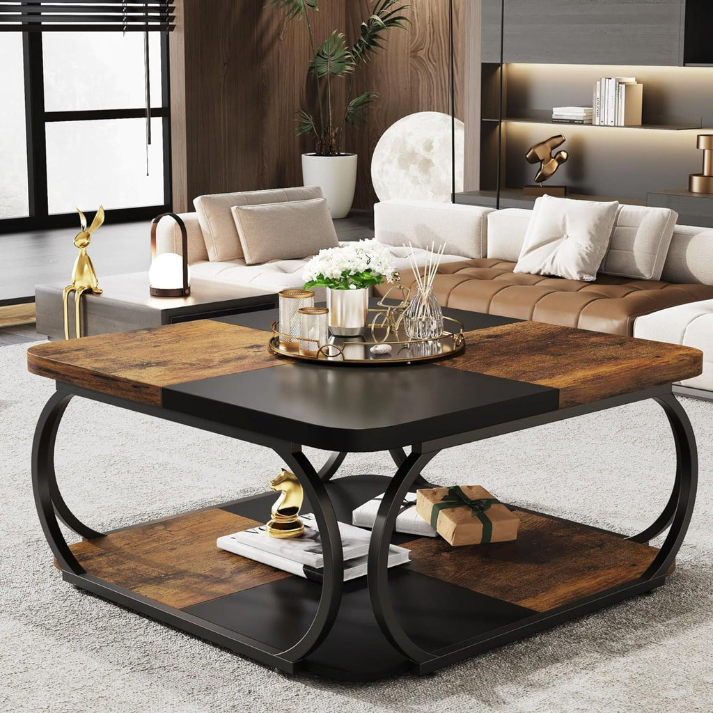 Square Coffee Table with Storage Shelf, 2 Tier - Brown / Black