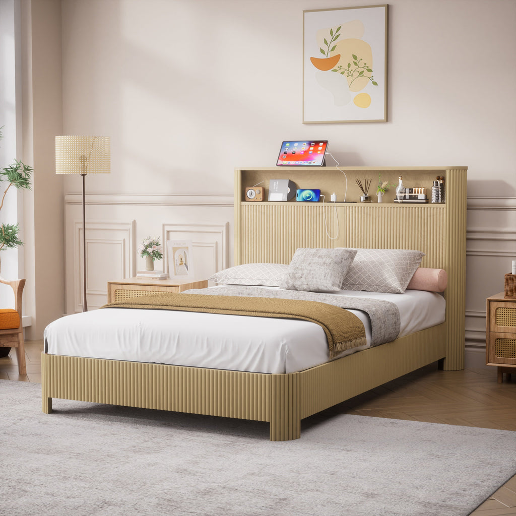 Full Extra Long Bed Frame with Storage Headboard and Built-in Charging Station - Walnut or Natural