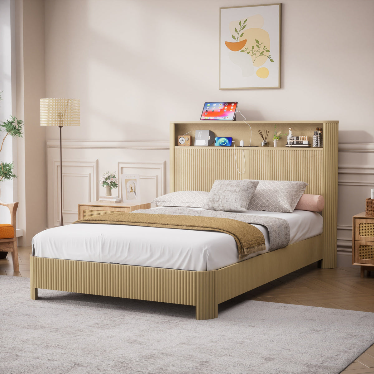 Full Extra Long Bed Frame with Storage Headboard and Built-in Charging Station - Walnut or Natural