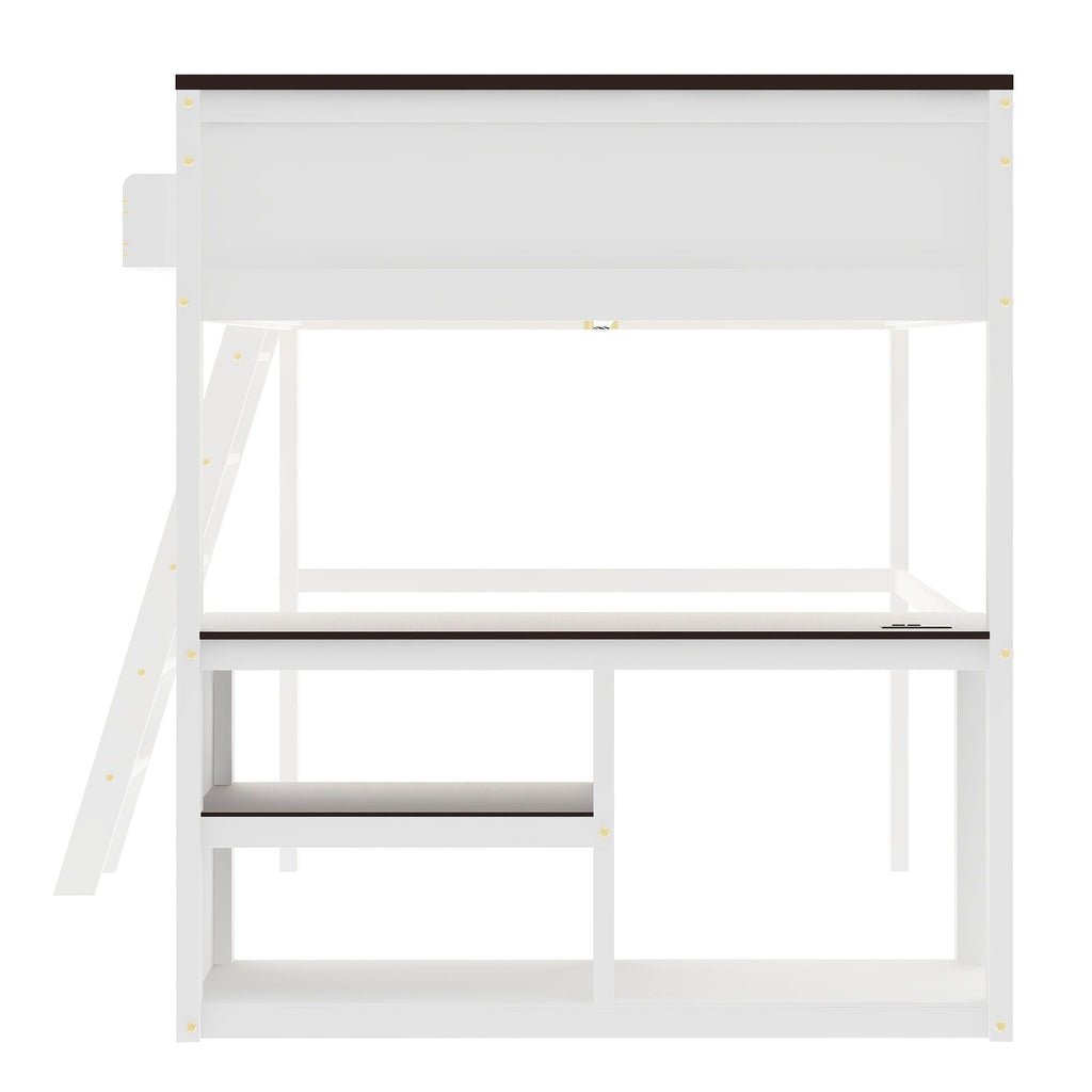 Queen Size Loft Bed with Desk, Storage, and USB Charging Station - White
