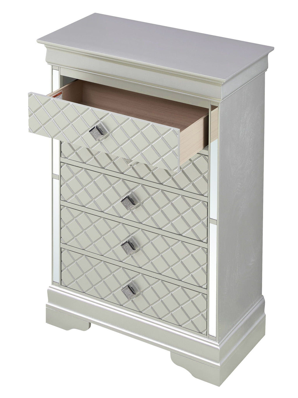 Embossed X Design Accent Chest with Crystal Pulls - Gray, Black, or Pearl Silver