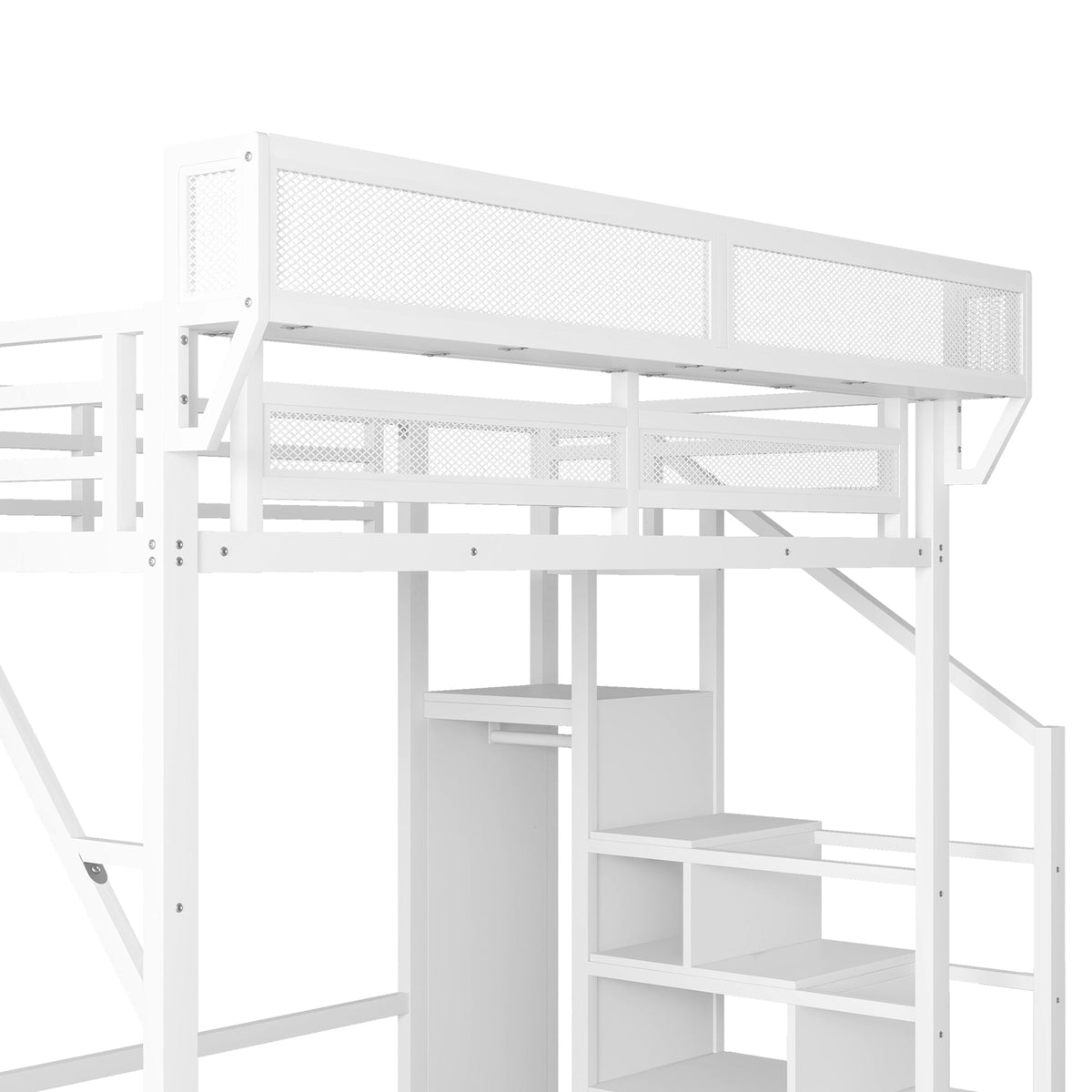 Full Size Loft Bed with Stairs and Storage Shelves - Metal, White