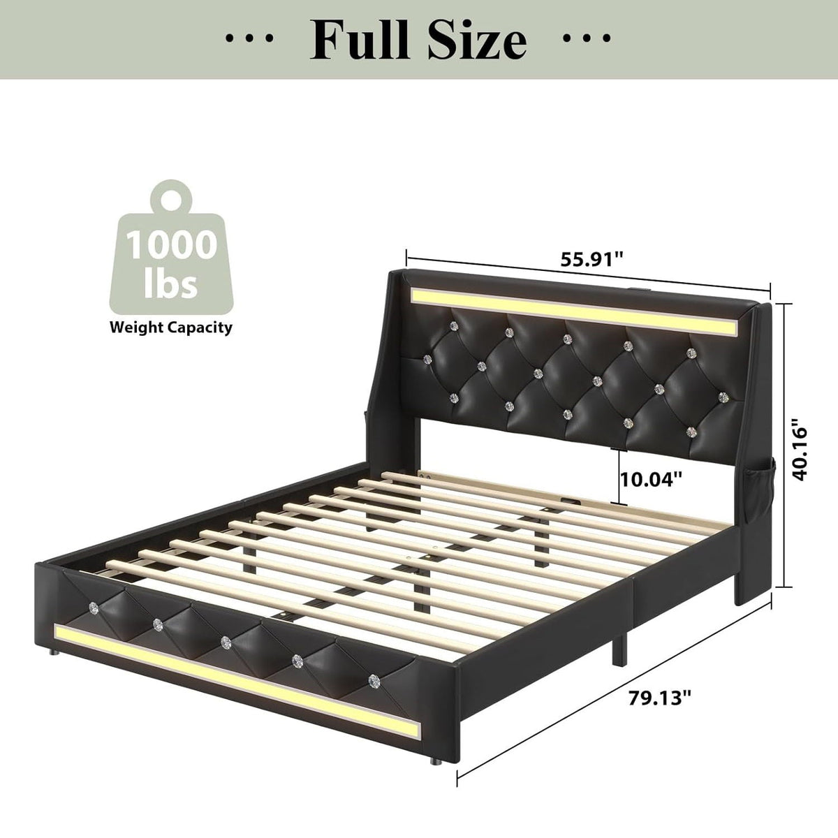 Wingback Upholstered Bed Frame with LED Lights and Charging Station - Black or White