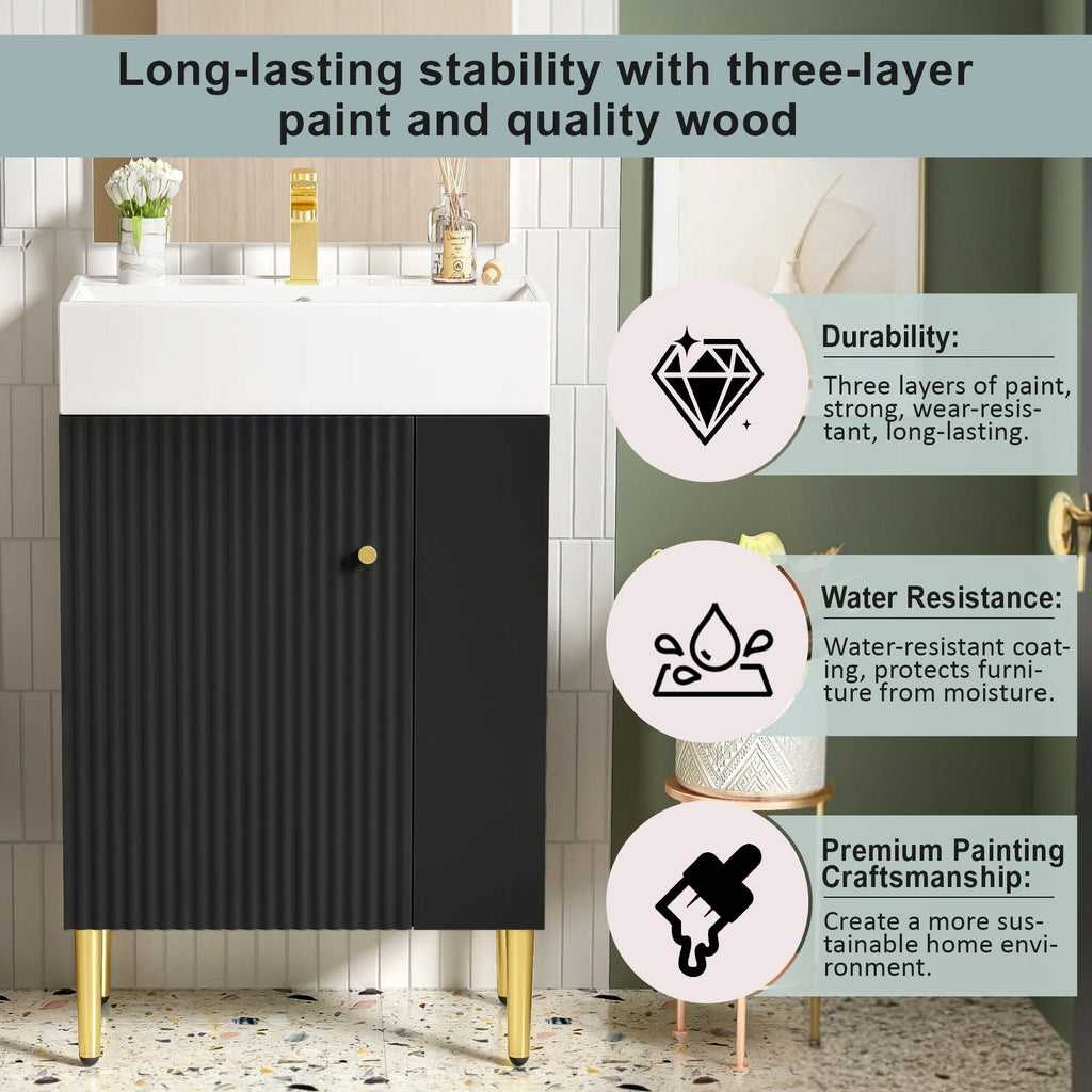 Bathroom Vanity with Single Ceramic Sink and Side Storage - Multiple Colors