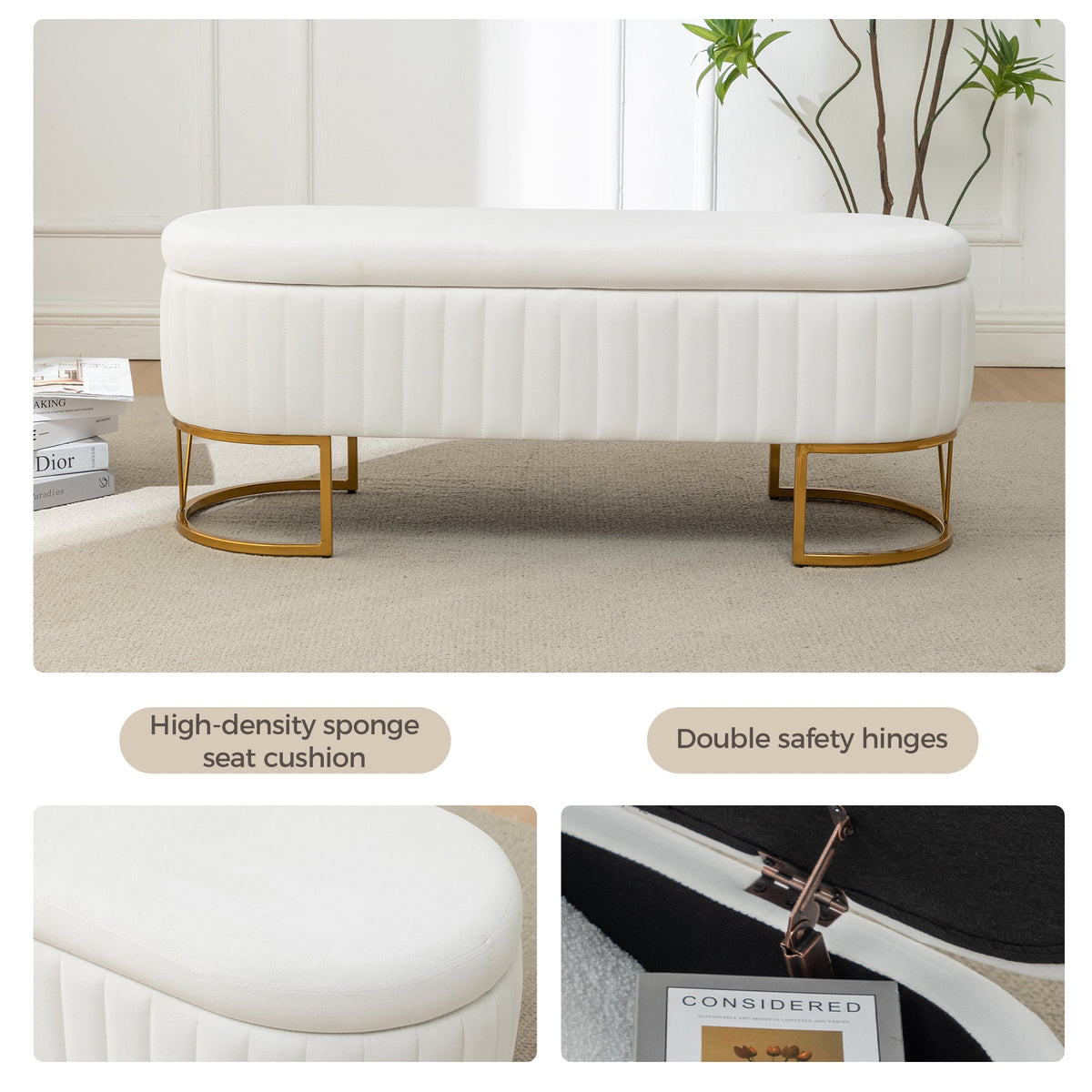 Velvet Storage Bench with Golden Metal Legs - Bedroom Bench