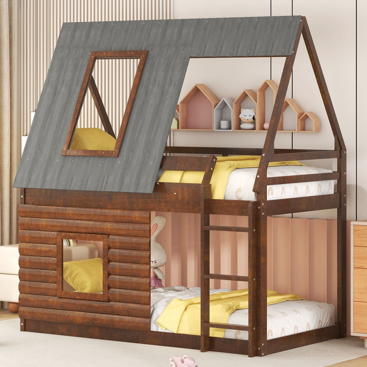 Wood Twin Size House Bunk Bed with Roof and 2 Windows - Oak & Smoky Gray