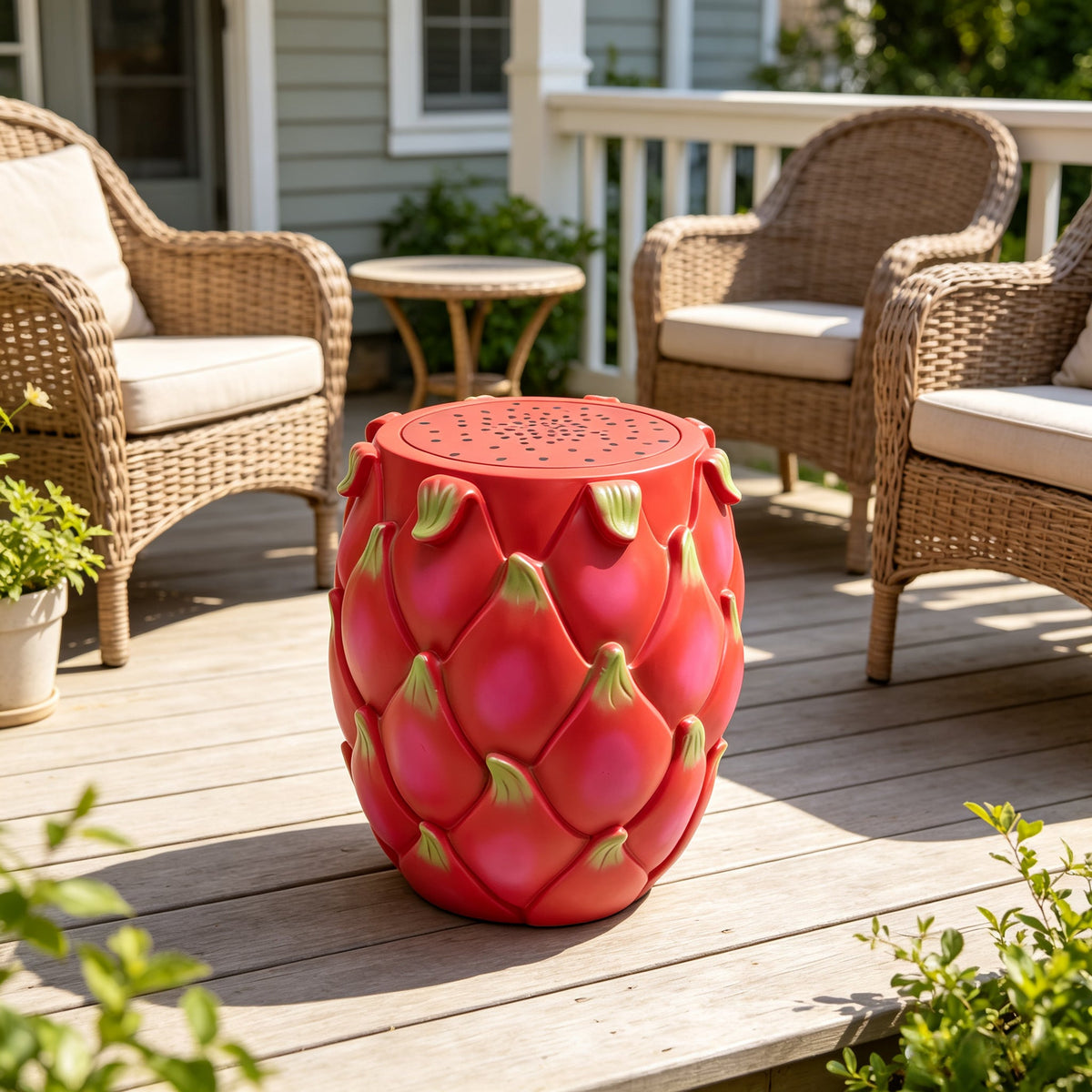 Oversized Resin Dragon Fruit Stool with Sturdy Resin Construction - Red