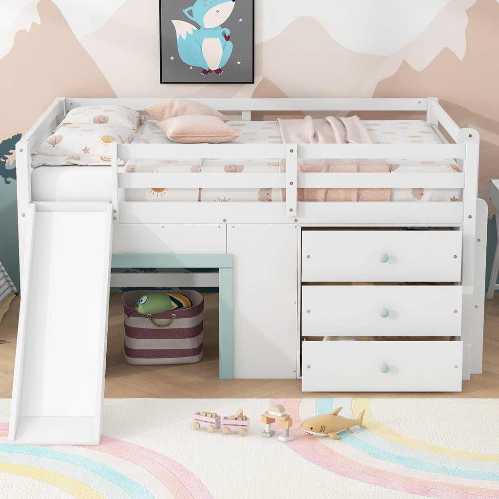 Modern Low Loft Bed with Slide, 3 Storage Drawers and 2 Doors - White