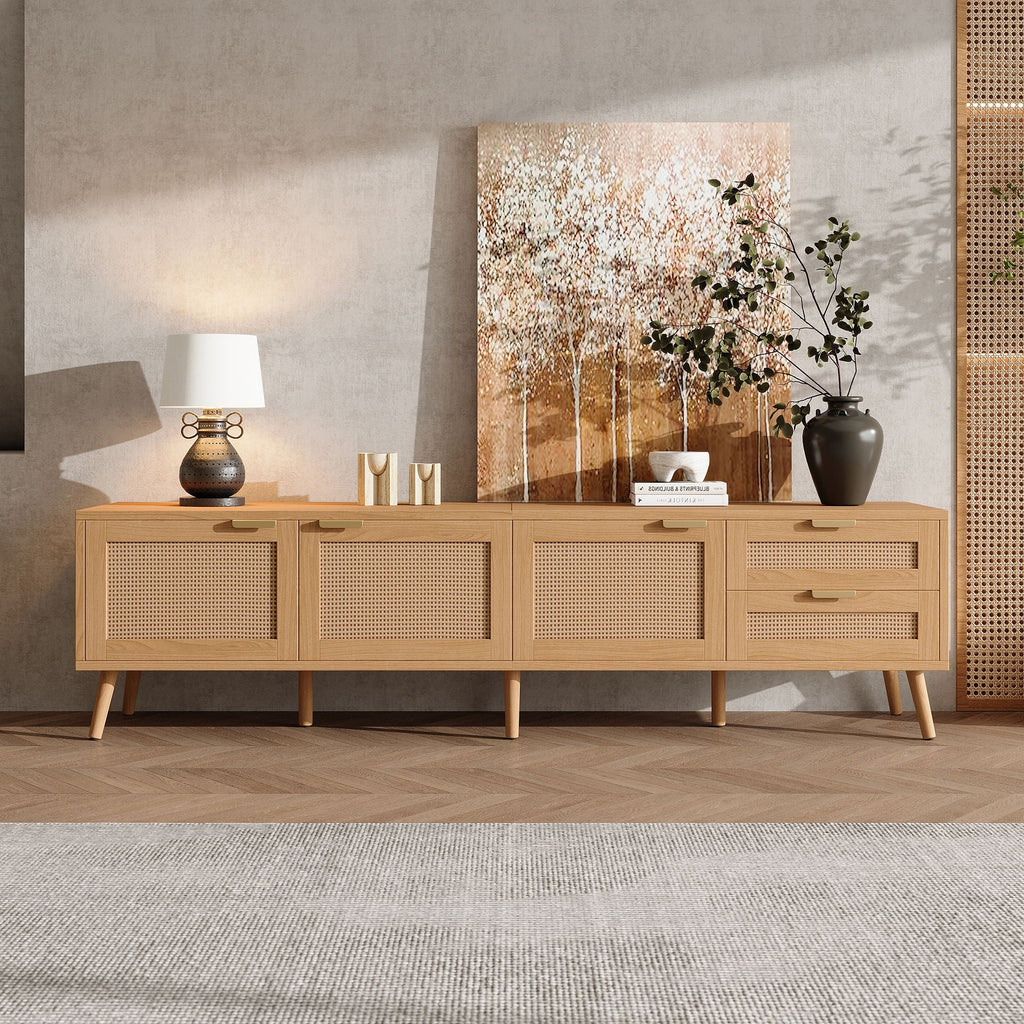 Natural Wood TV Stand with Cable Management and Drawers