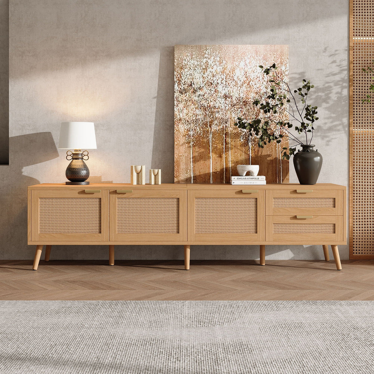 Natural Wood TV Stand with Cable Management and Drawers