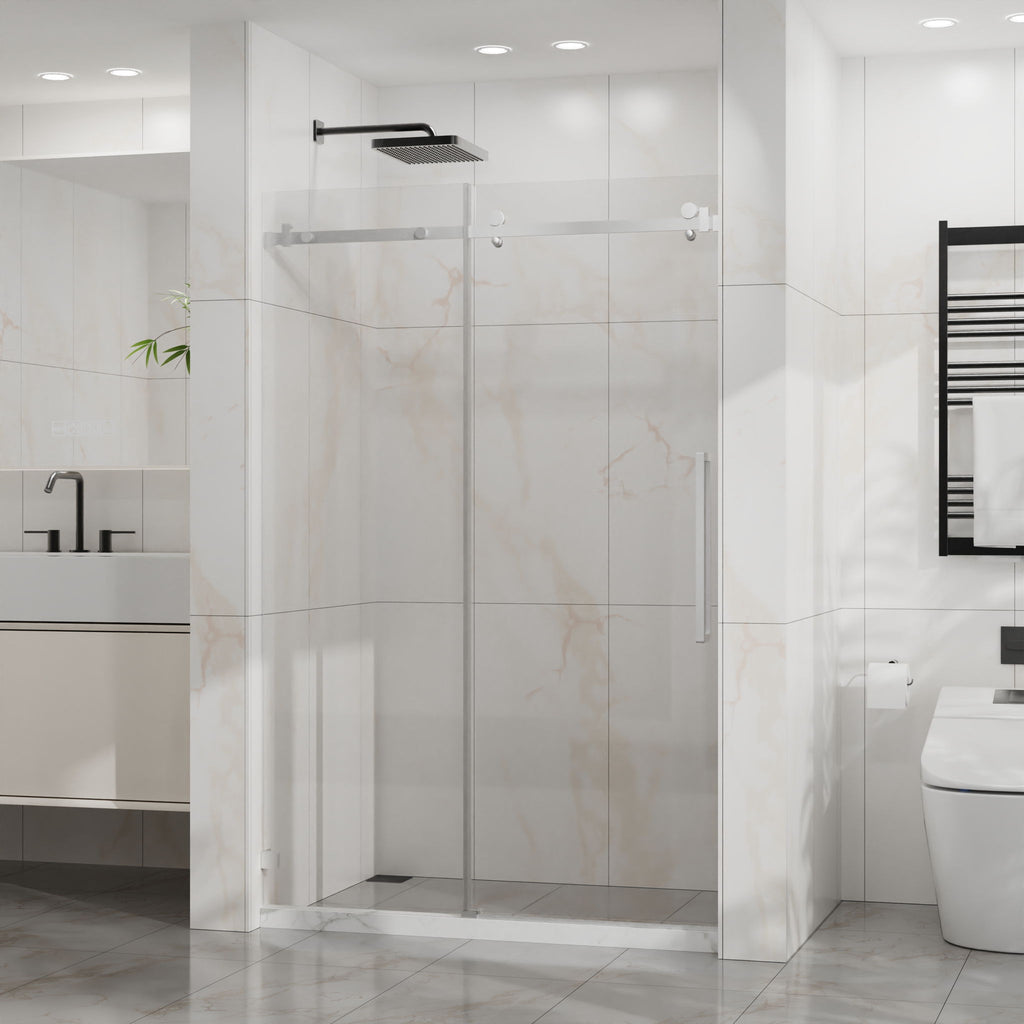 Frameless Tub Sliding Shower Door with Easy Clean Coating - Black or Pearl Silver