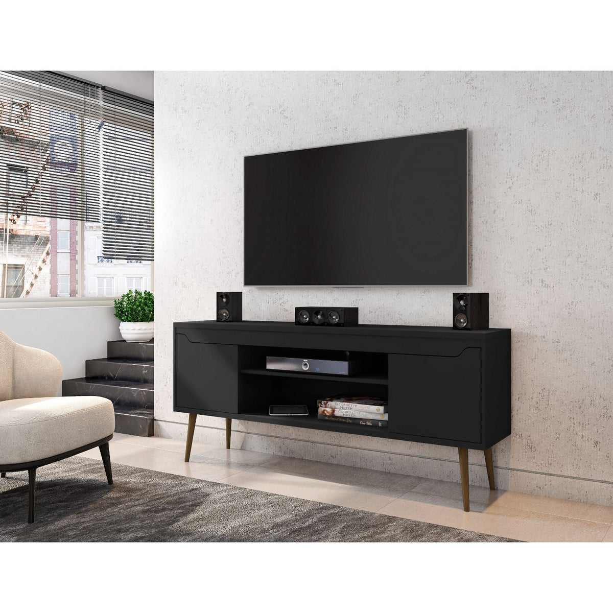 Mid-Century Modern TV Stand with Solid Wood Splayed Legs - White or Black