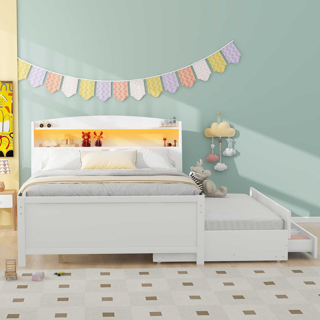 Full Size Platform Bed with Storage LED Headboard and Twin Trundle - White
