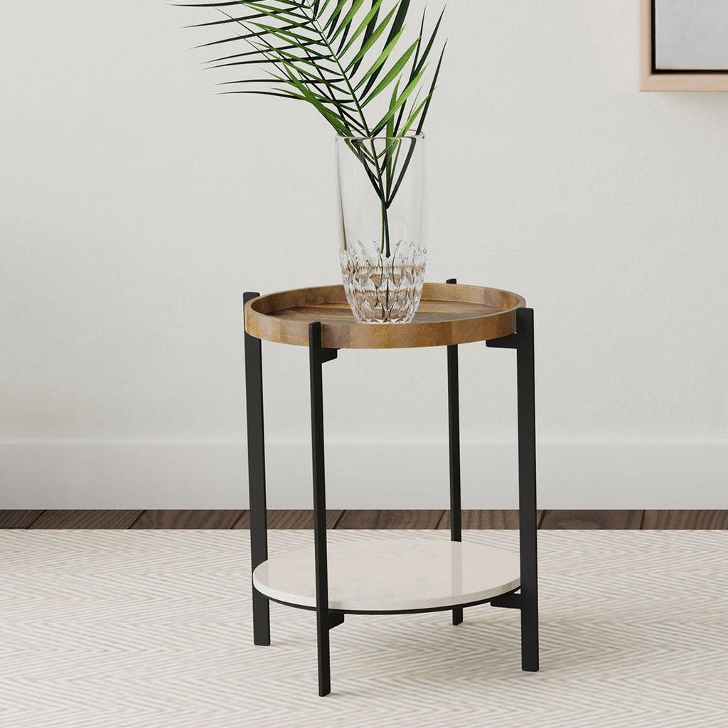 Natural Mango Wood Round End Table with White Marble Shelf - Natural