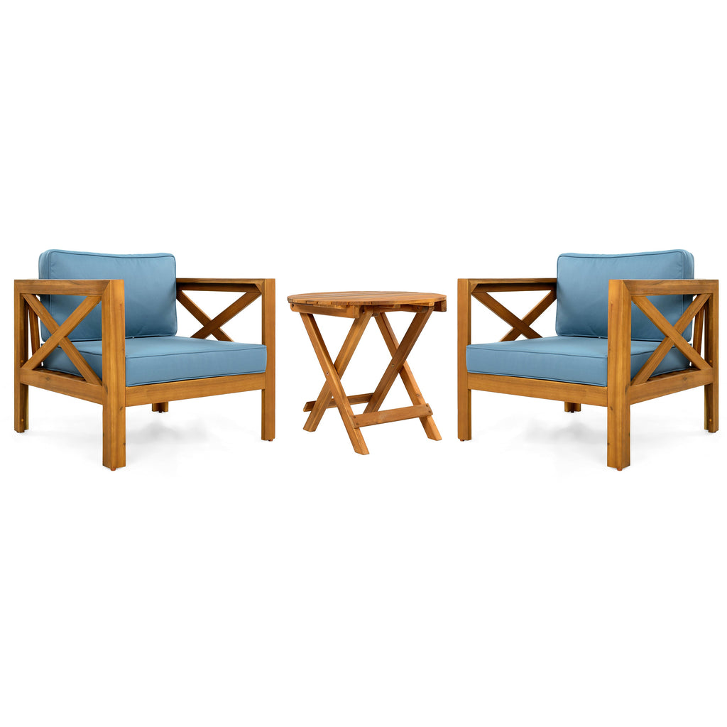 Patio Conversation Set with Cushions and Foldable Side Table - Blue/Teak