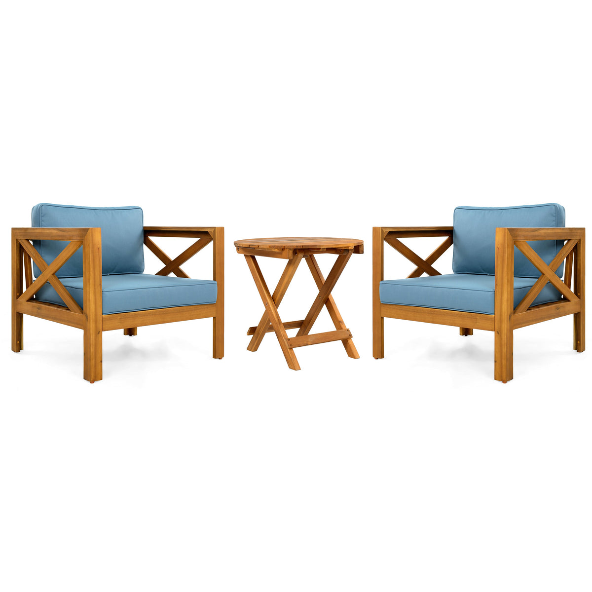 Patio Conversation Set with Cushions and Foldable Side Table - Blue/Teak