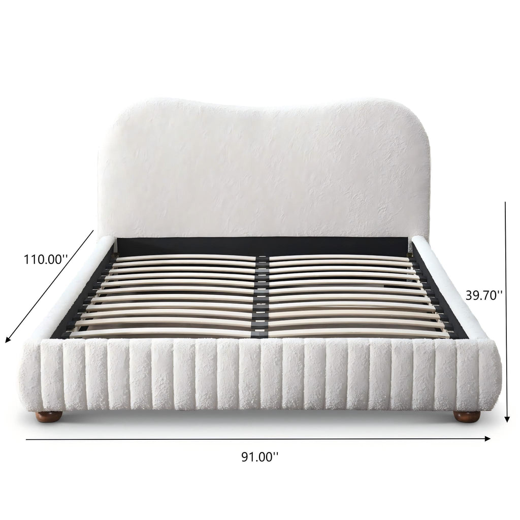 Queen Size Upholstered Low Profile Platform Bed with Boucle Fabric – Cream
