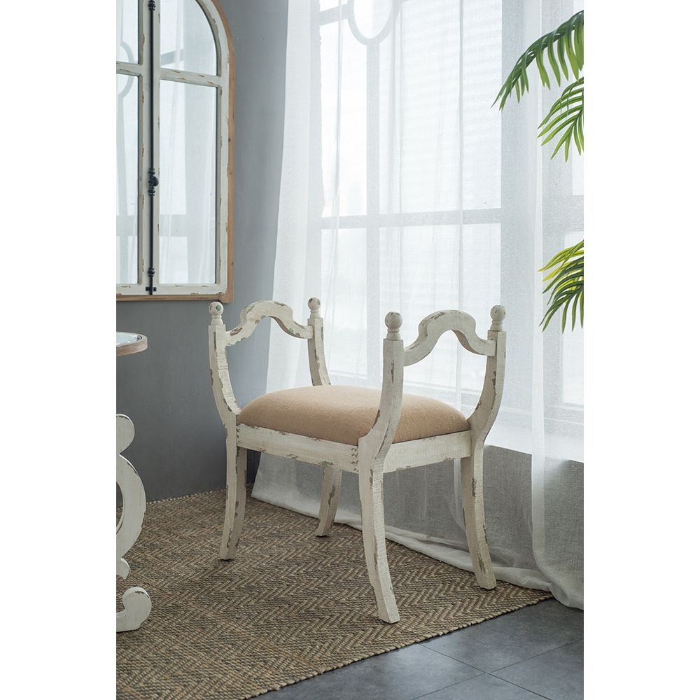 Farmhouse Vanity Bench with Padded Seat - Beige and White