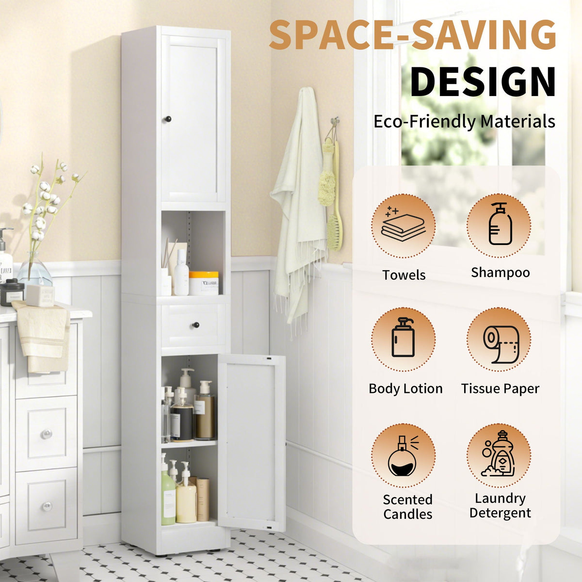 Tall Bathroom Storage Cabinet with Adjustable Shelves - White Steel