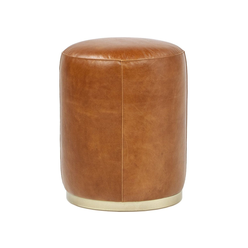 Brown Leather Round Ottoman Stool with Brass Base