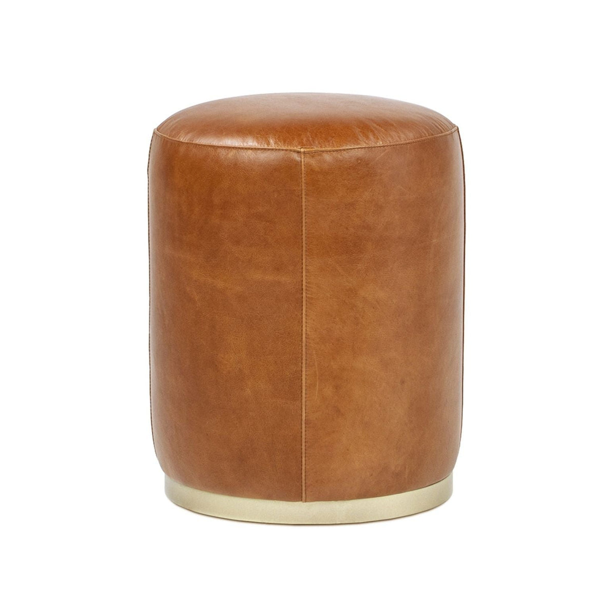 Brown Leather Round Ottoman Stool with Brass Base