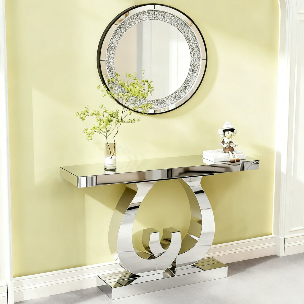 Modern Mirror Side Table with Double C-Shape Base - Silver Mirror
