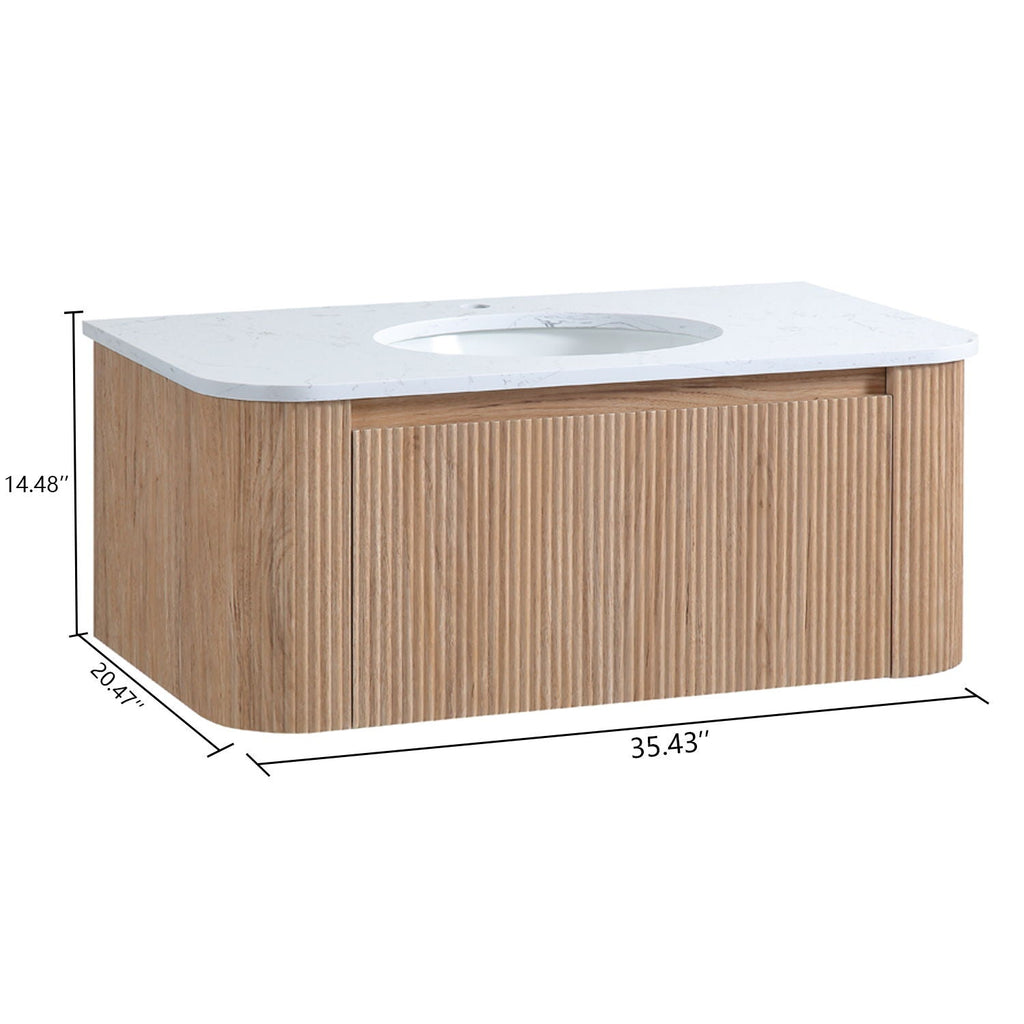 Light Brown Wall Mounted Bathroom Vanity with Sink - Curved Front