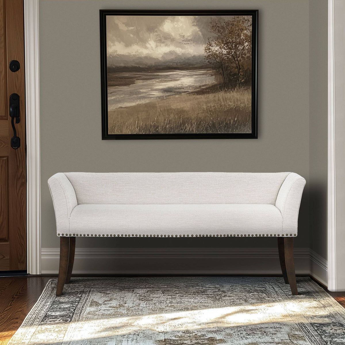 Welburn Upholstered Bench with Low Back and Flared Arms - Blue, Light Blue, or Beige