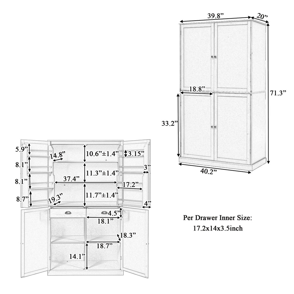 Large Freestanding Kitchen Pantry Storage Cabinet with Adjustable Shelves - Blue, Gray, White