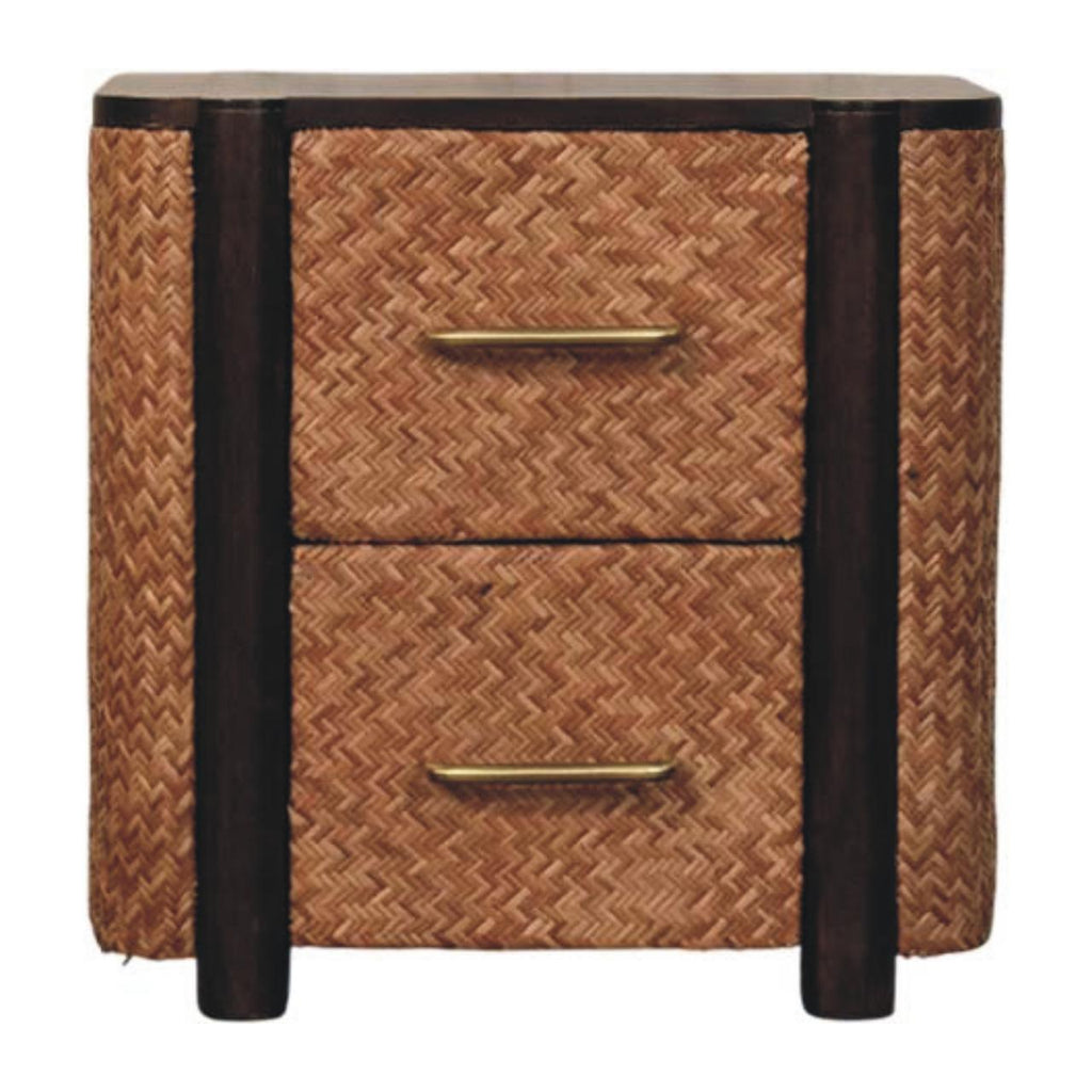 Solid Wood Nightstand with Cane Front Drawers - Natural Finish