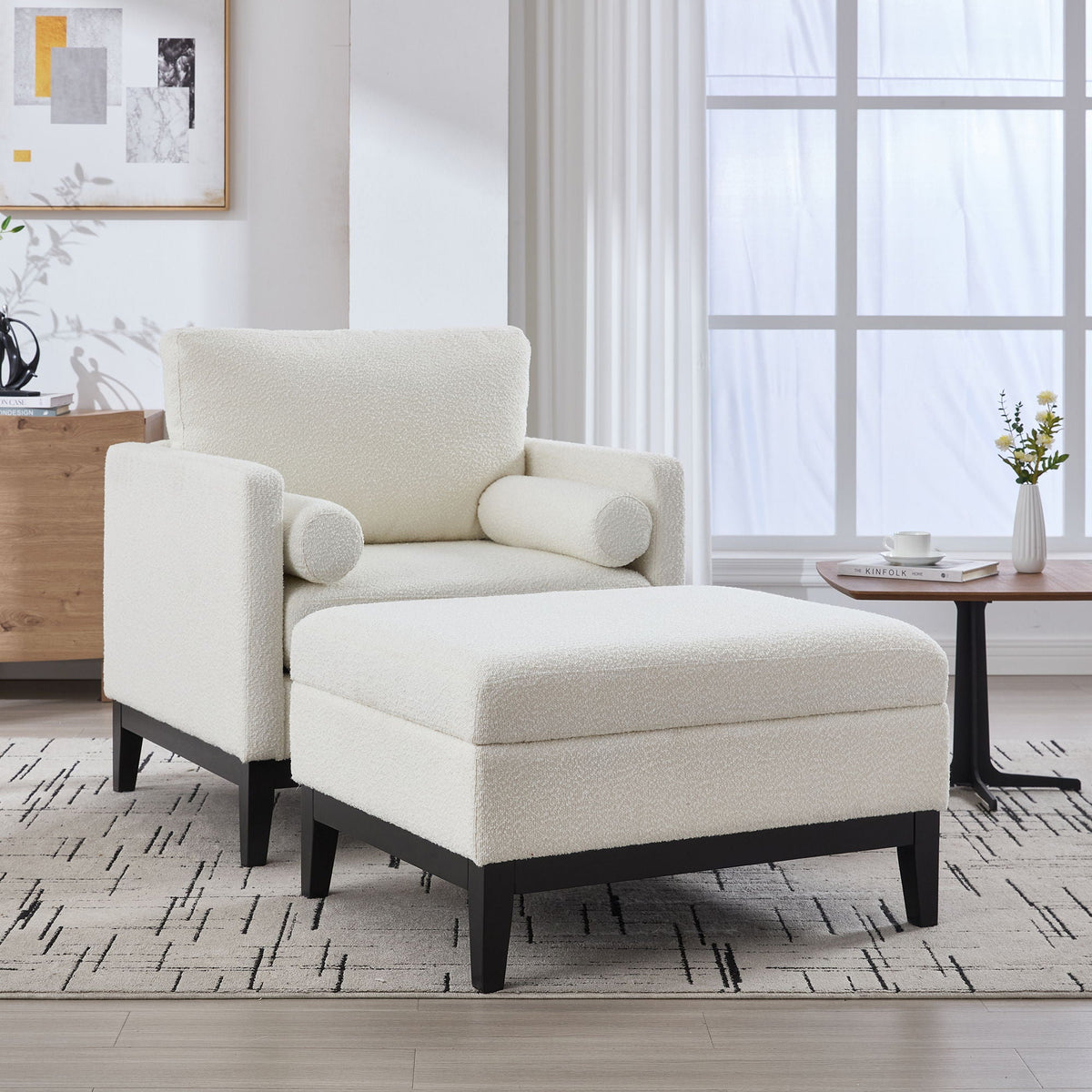 Farmhouse Upholstered Accent Chair With Ottoman