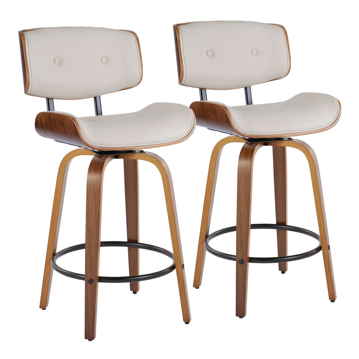 Mid-Century Modern Counter Stool with Swivel & Footrest - Black, Gray, Dark Gray (Set of 2)