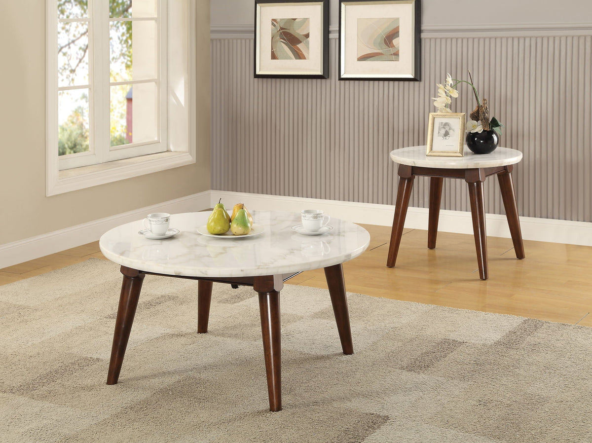 Gasha Coffee Table with White Marble Top and Walnut Legs - White Marble / Walnut