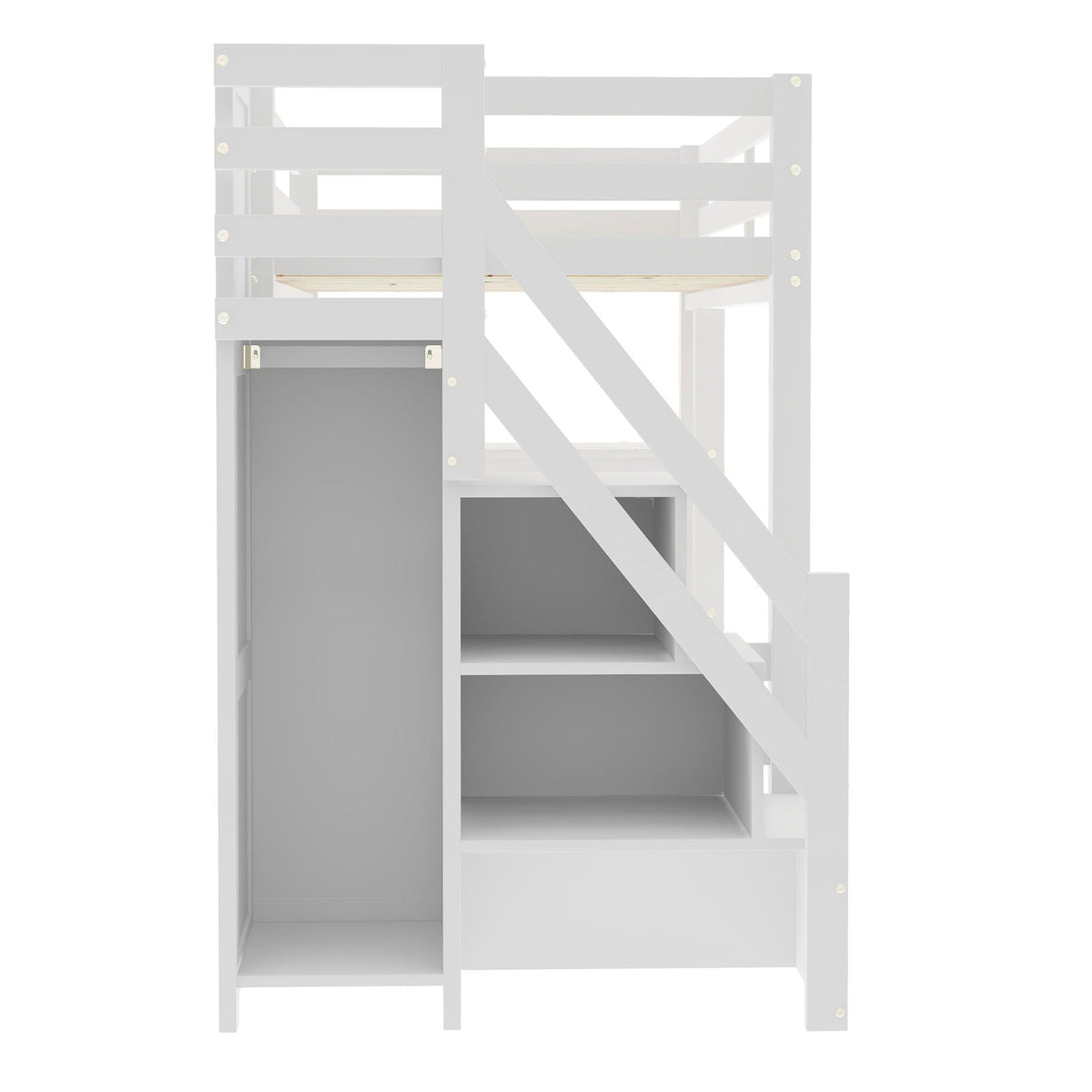 Loft Bed With 4 Layer Shelves, Storage Staircase, Small Wardrobe And LED Light