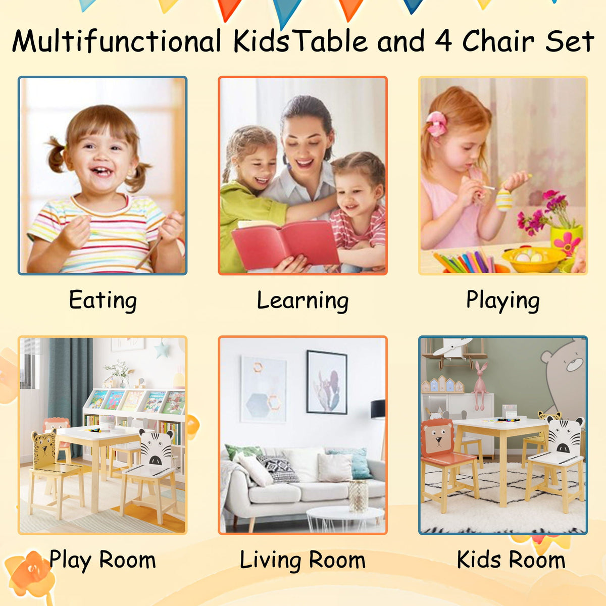 Kids Table and Chair Set with Cartoon Animals Design - White