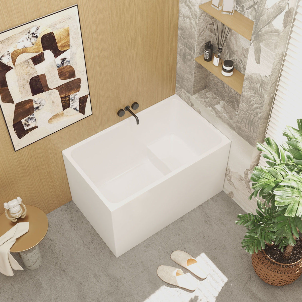 Gloss Freestanding Bathtub with Built-In Seat - White