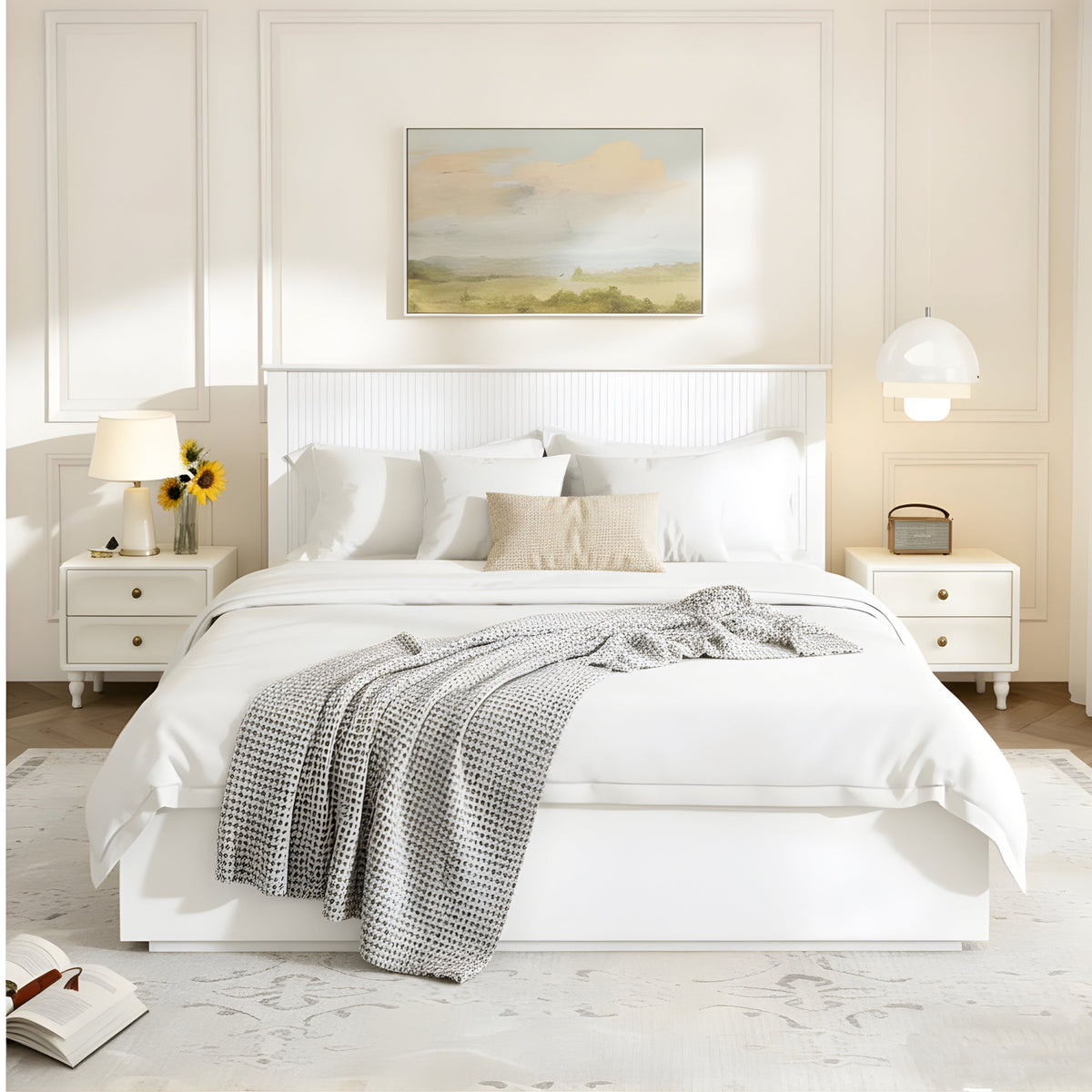 Queen Size Bed Frame with Vertical Slat Headboard - White