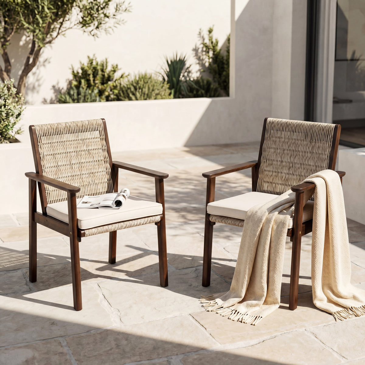 Acacia Wood Outdoor Dining Chair Set with Wicker Rattan and Waterproof Cushions
