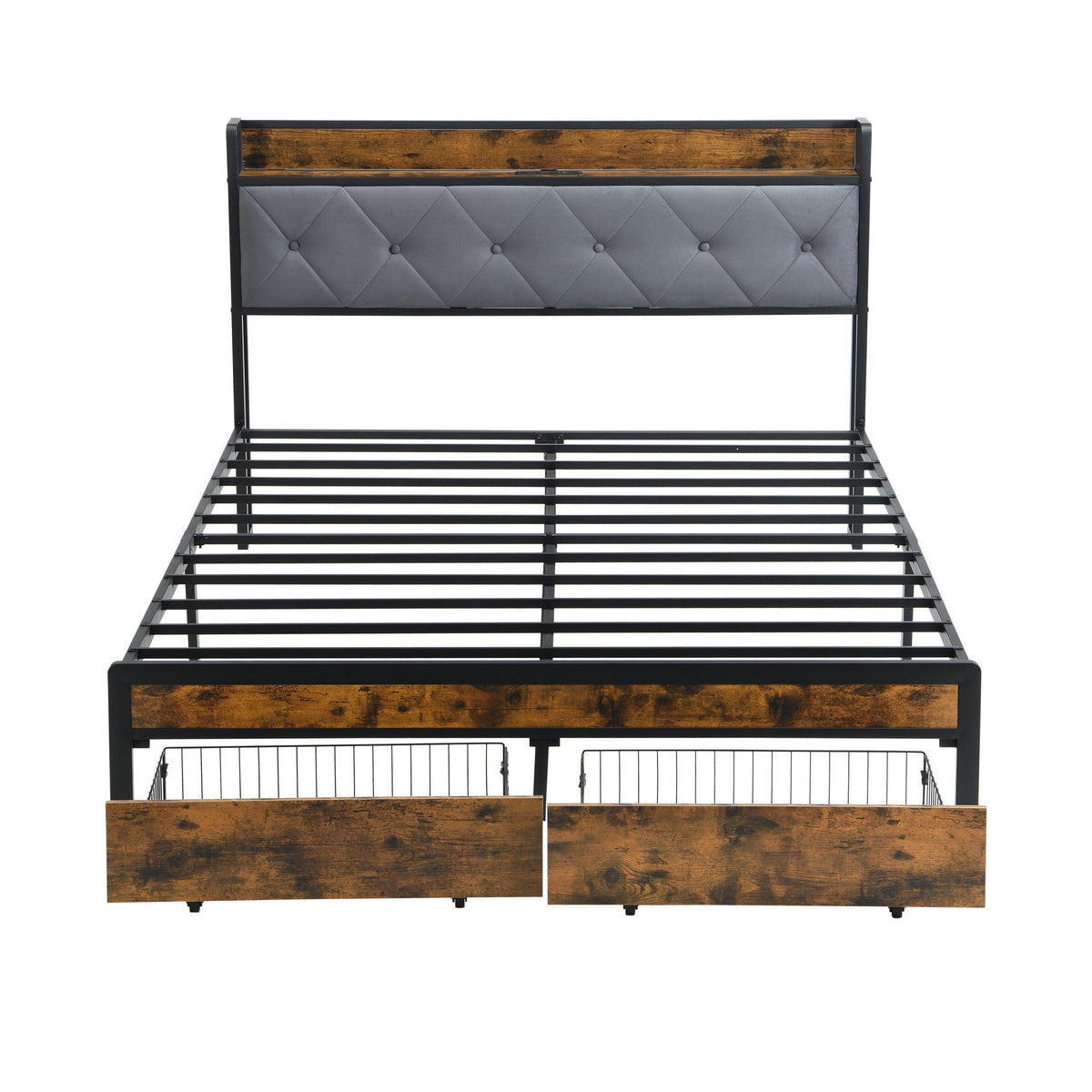 Modern Bed Frame with LED Lights and USB Charging - Light or Dark Brown