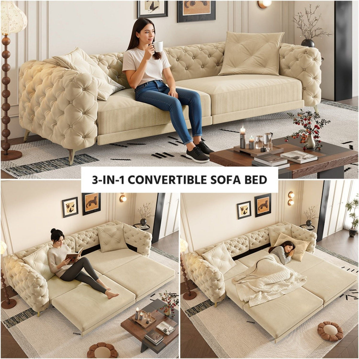 3-In-1 Convertible Sleeper Sofa Set with Deep Seat & Movable Ottoman - White, Beige, Gray