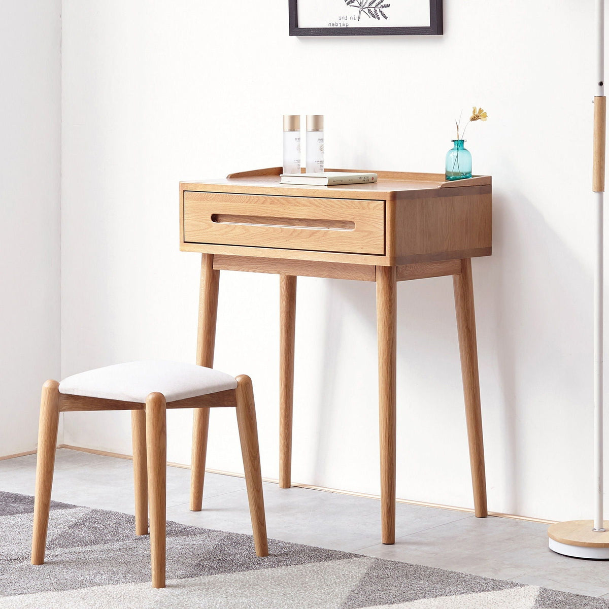 Oak Vanity Desk with Storage Drawer - Light Brown