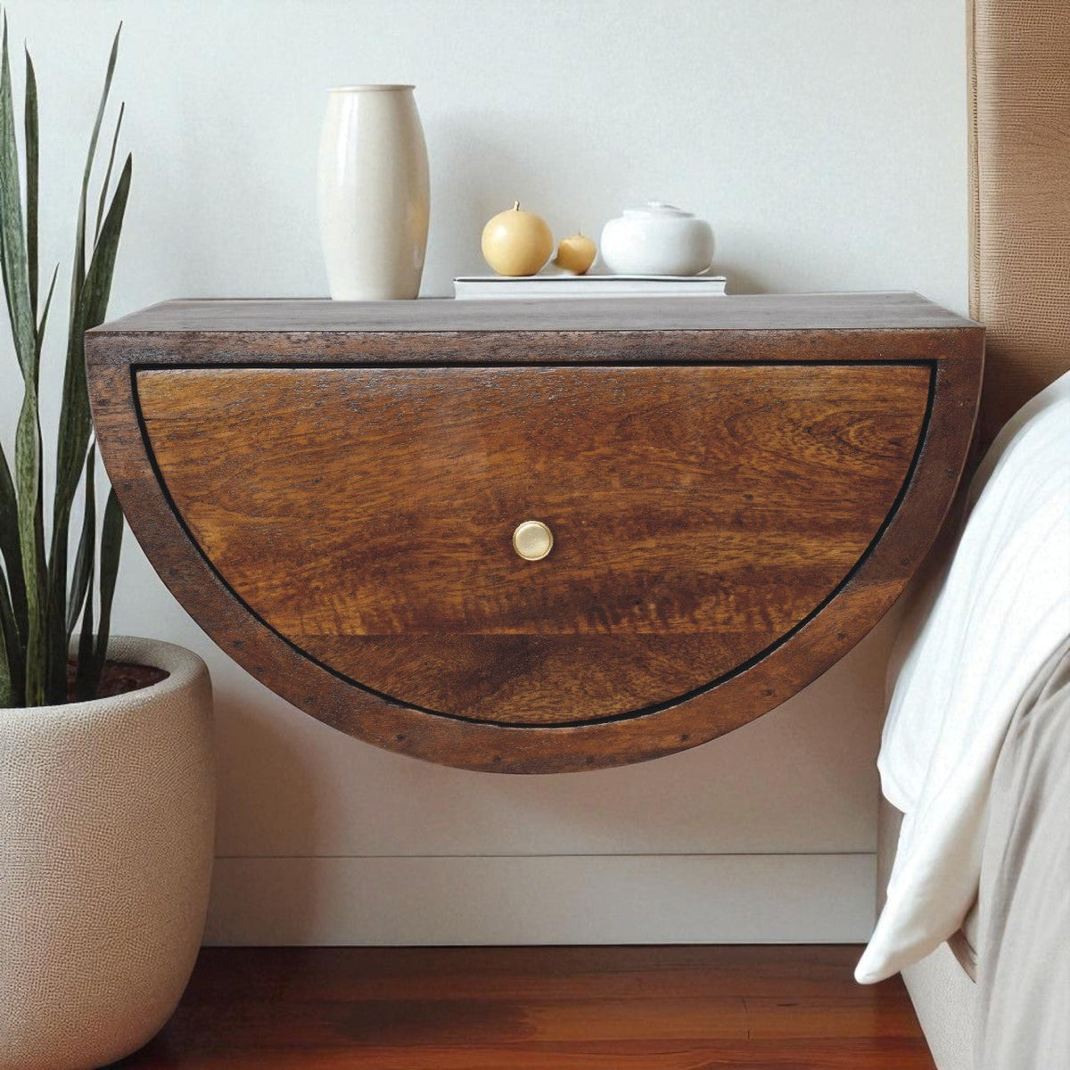 Solid Wood Crescent Floating Nightstand with Drawer - Chestnut