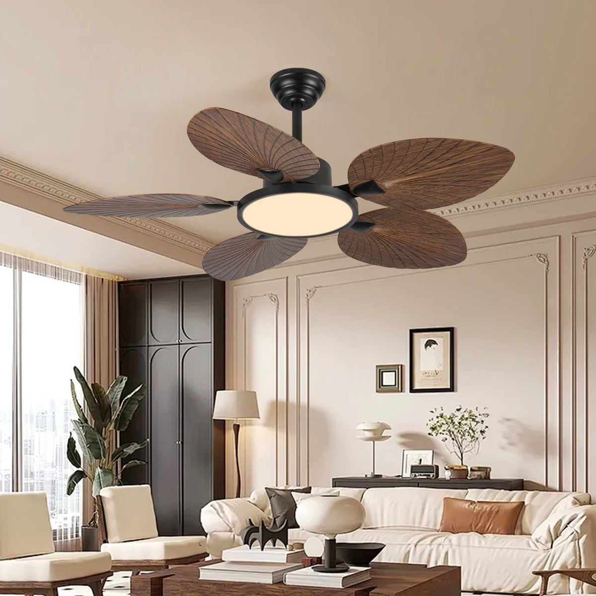 52-Inch Tropical Palm Leaf Ceiling Fan with Lights & Remote Control - Iron