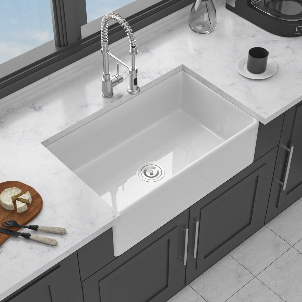Ceramic Farmhouse Sink with Deep Basin and Stainless Steel Grid - White
